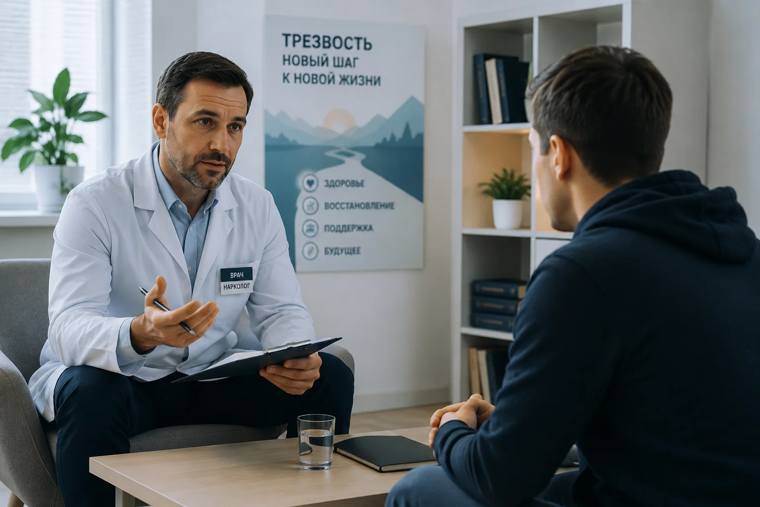 Врач-нарколог консультирует пациента перед началом лечения зависимости от метамфетамина в частной клинике